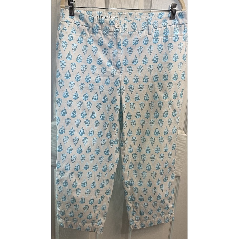 Talbots Perfect Skimmer White&Blue‎ Filagree Pants Pedal Pusher Capri Jeans 10